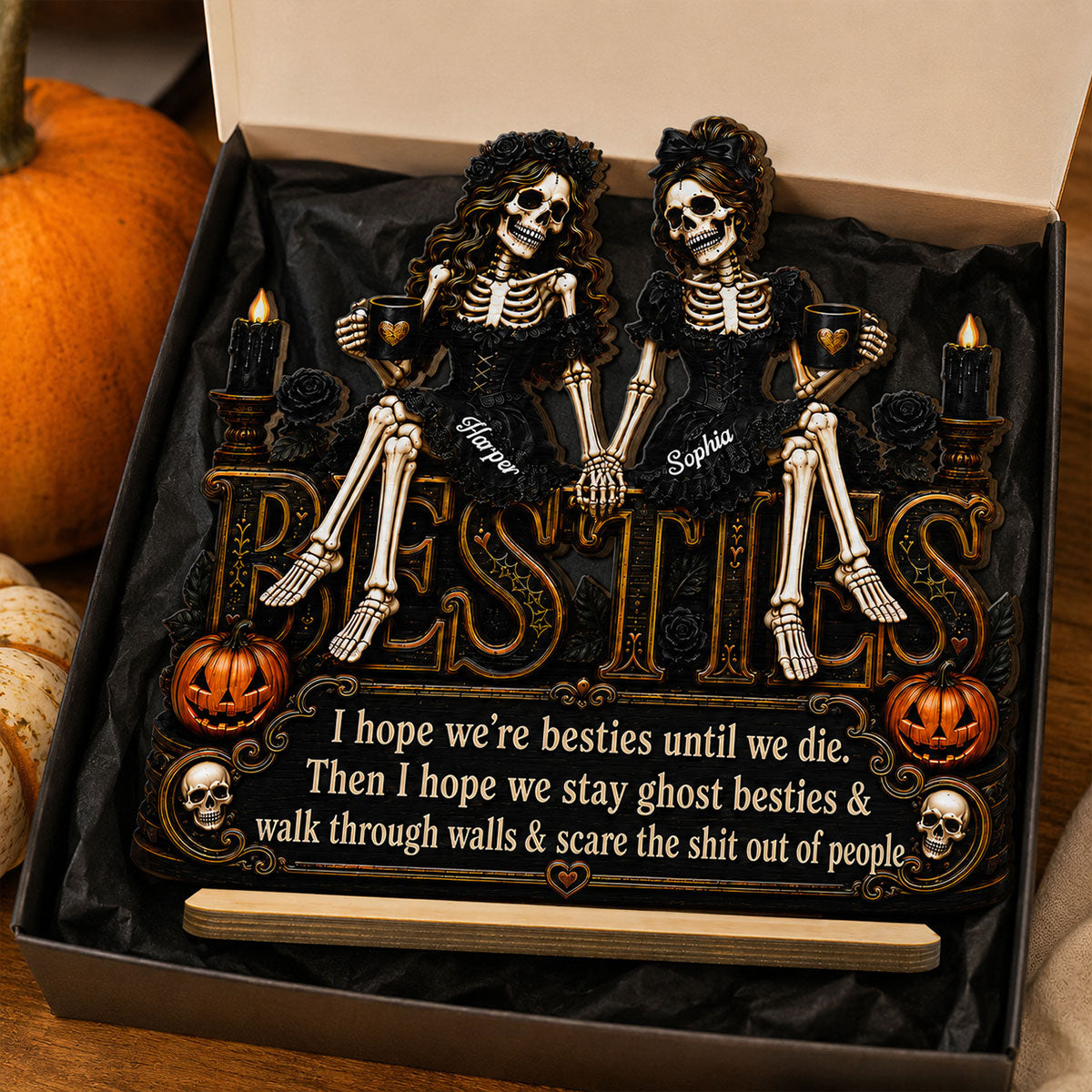 Skeleton Besties Sitting On Word 2D Flat - Personalized 2-Layered Wooden Plaque - Funny Work Bestie Gift, Halloween Keepsake For Best Friends