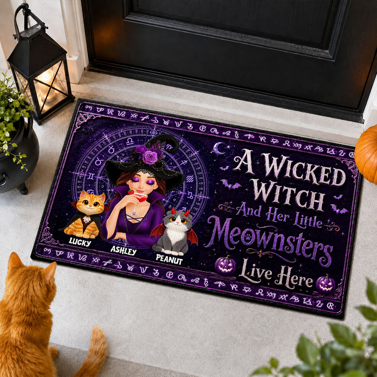 A Wicked Witch And Her Little Meownsters Live Here - Personalized Doormat - Halloween Decor Gift, Gift For Cat Lovers