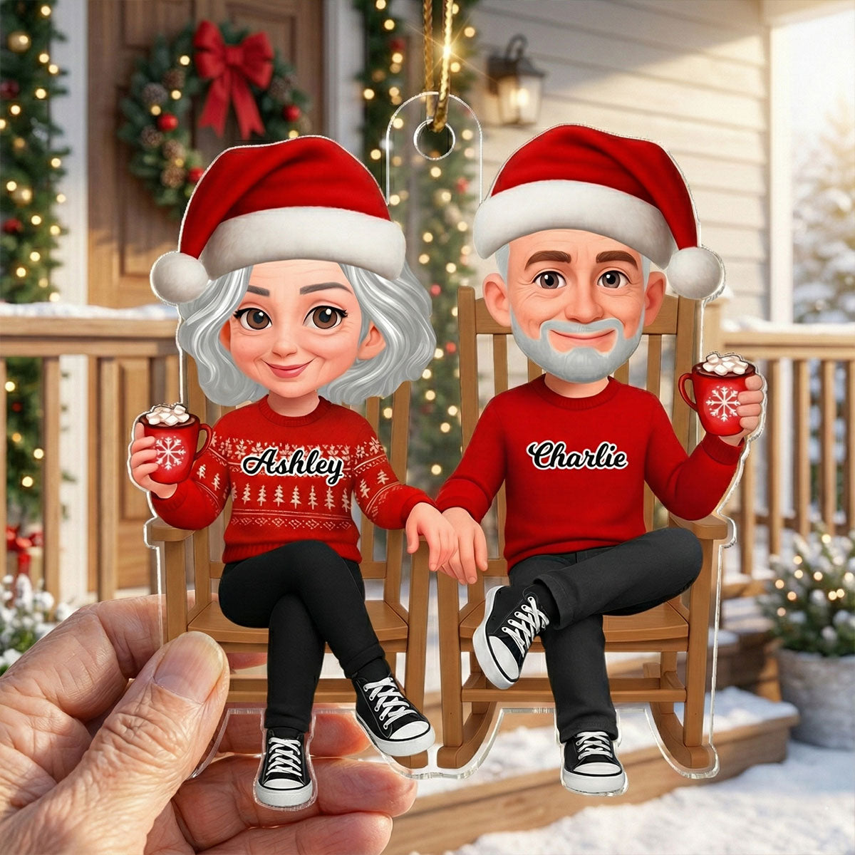 3D Effect Christmas Couple Sitting On Rocking Chair - Personalized Acrylic Ornament - Heartfelt Gift For Couple