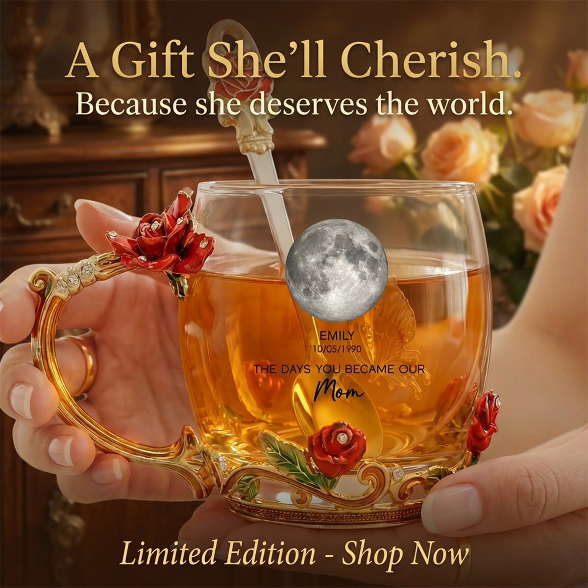 The Days You Became Our Mom - Personalized Enamel Flower Tea Cup - Gift For Mom