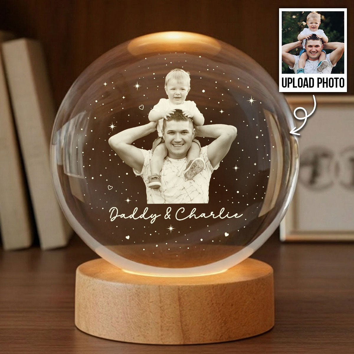 Dad And Kid Custom Upload Photo - Personalized Crystal Ball LED Night Light -  Gift For Dad