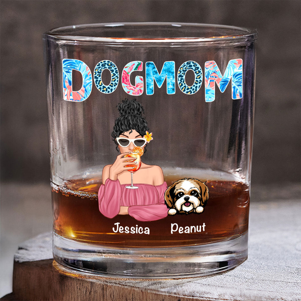 Dog Mom Summer Patterned Personalized Wine Glass, Gift for Dog Moms
