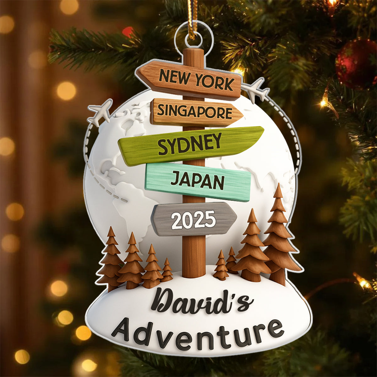 Traveling Destination Sign Post - Personalized Acrylic Ornament - Christmas Gift for Travelers