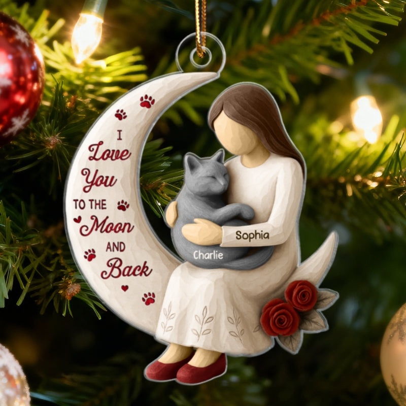 3D Effect Roses Wooden Texture Cat Mom On Moon - Personalized Acrylic Ornament - Christmas Gift For Cat Mom