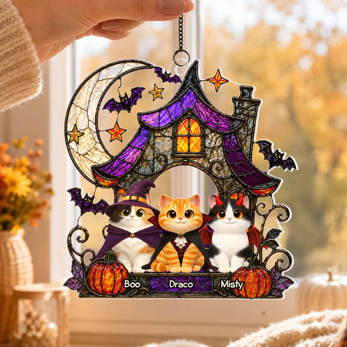Halloween Haunted House Spooky Cats - Personalized Acrylic Window Hanging - Halloween Gift For Cat Lovers, Halloween Decor