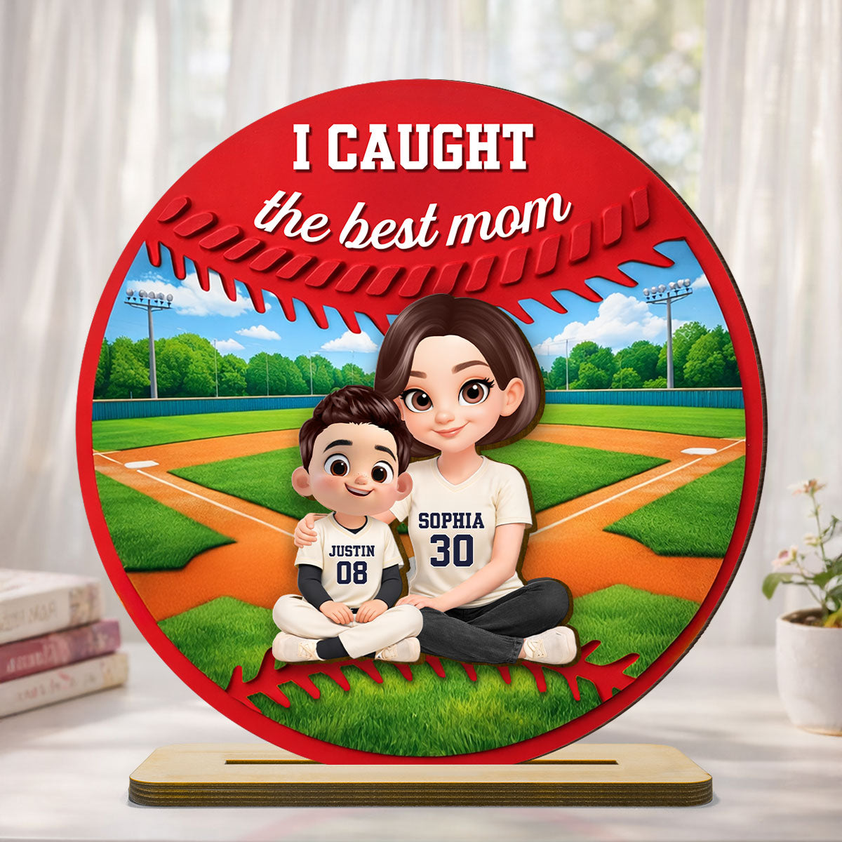 Mom And Kids Baseball Field - Personalized 2-Layered Wooden Plaque - Heartfelt Gift For Baseball Mom, Grandma
