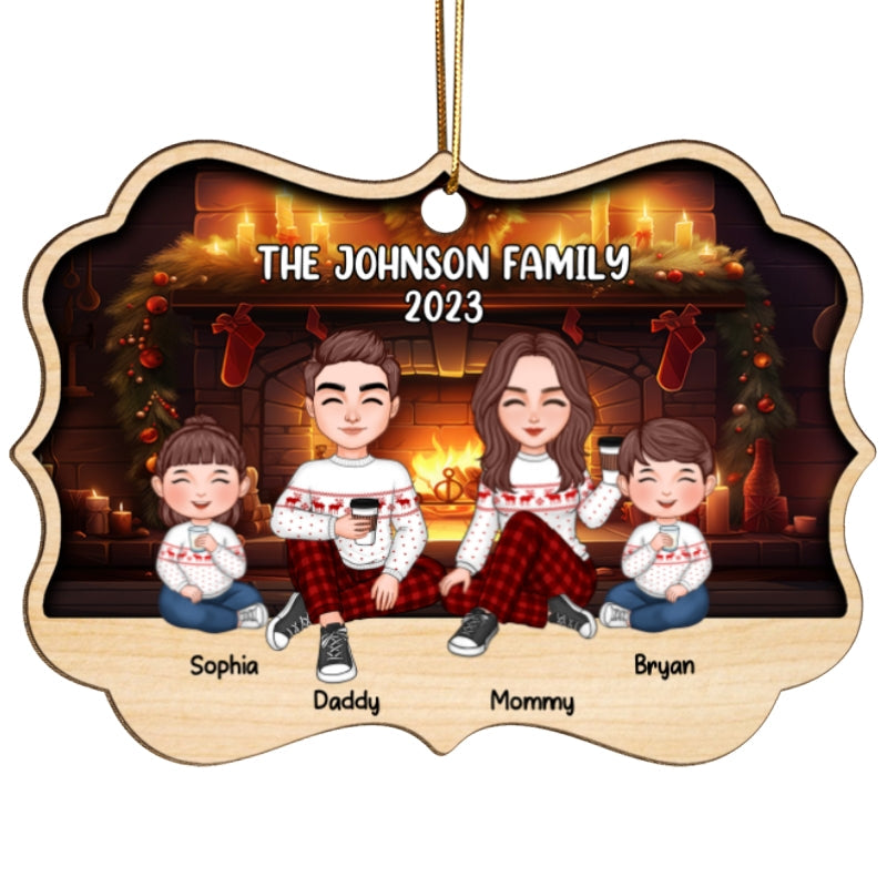 Family Sitting In Front Of Fireplace Personalized Wooden Ornament