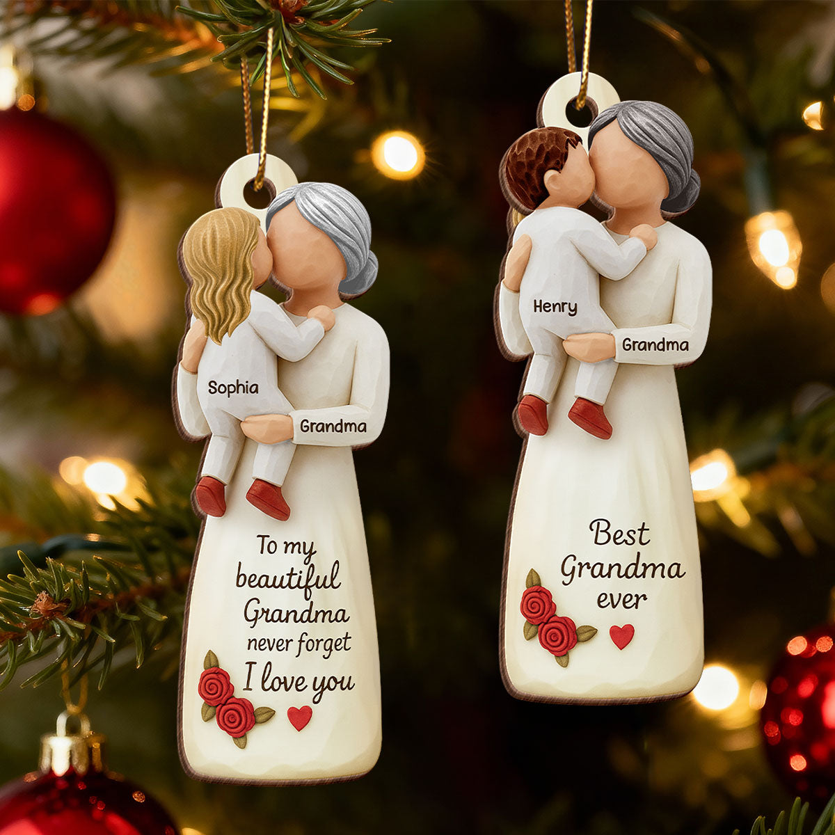 Grandma Hugging Grandkid 3D Effect - Personalized Wooden Ornament