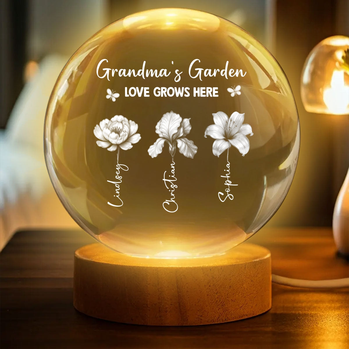 Grandma's Garden 3D Effect Birth Month Flowers - Personalized Crystal Ball LED Night Light