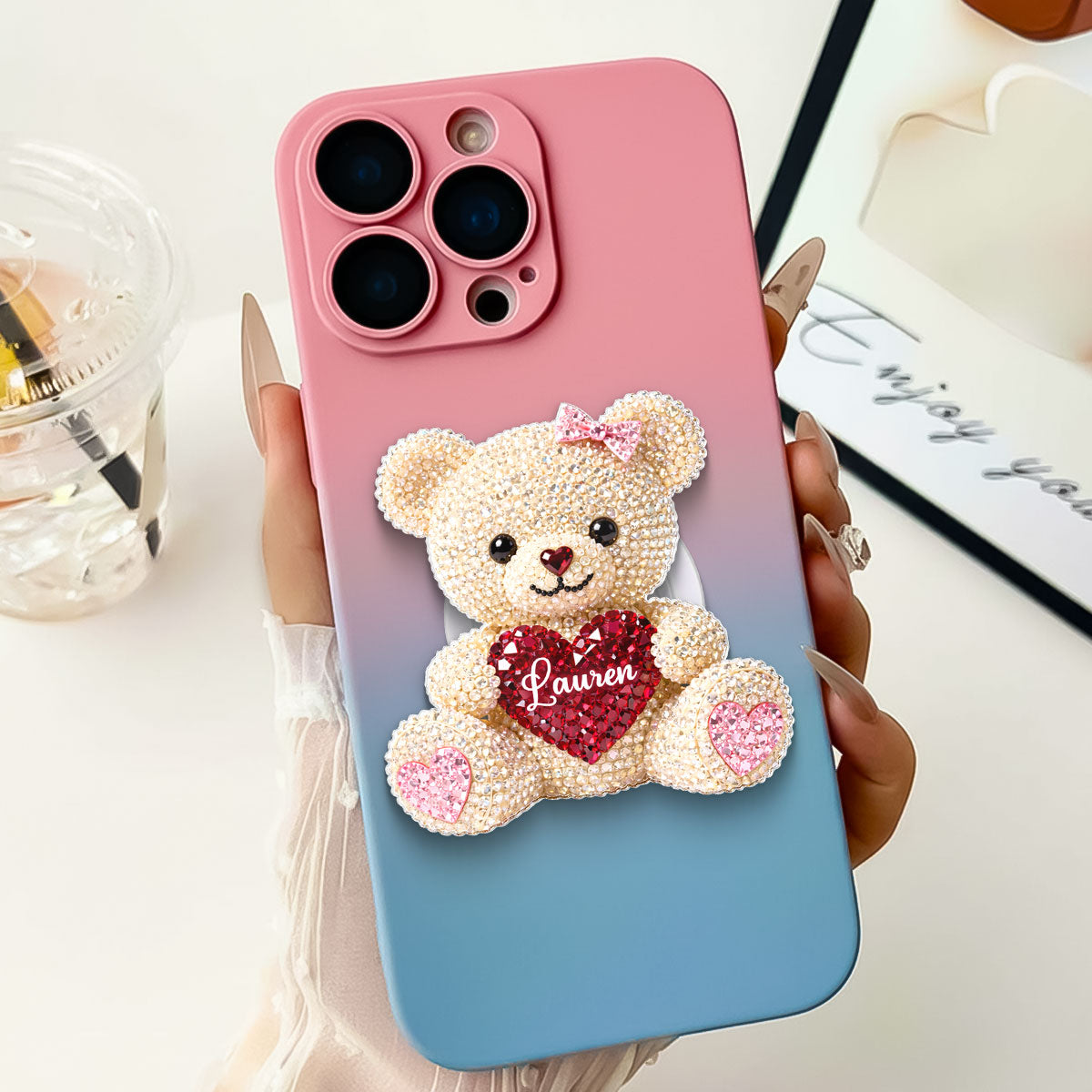 3D Effect Teddy Bear Valentine - Personalized Acrylic Magnetic Phone Grip - Anniversary, Valentine's Day Gift, Gift For Her