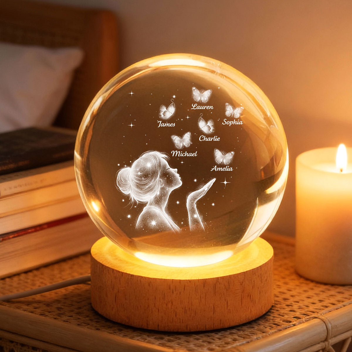 Grandma Mom Butterflies Kiss - Personalized Crystal Ball LED Night Light - Sentimental Gift for Grandma, Mom