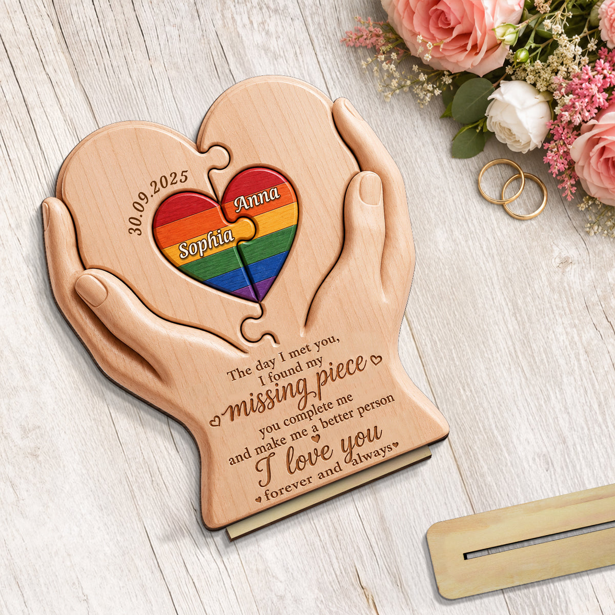 I Found My Missing Piece LGBTQ+ Couple - Personalized 2-Layered Wooden Plaque - Pride Month Decor, Gift for Her, Gift for Him