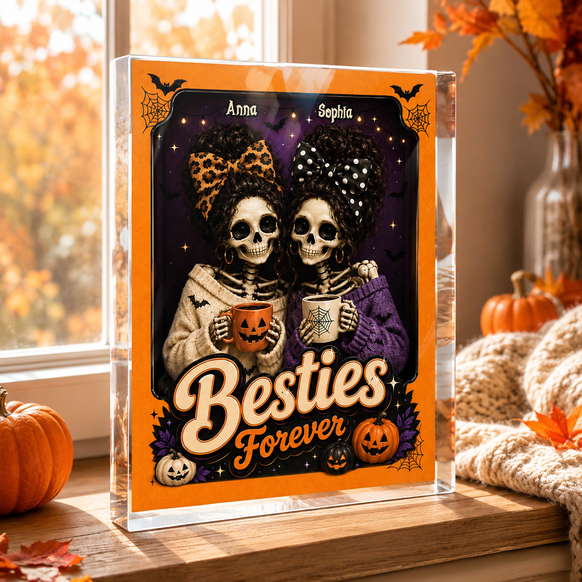 Besties Forever Skeleton Halloween - Personalized Acrylic Block Plaque - Halloween Decor Gift, Gift For Besties