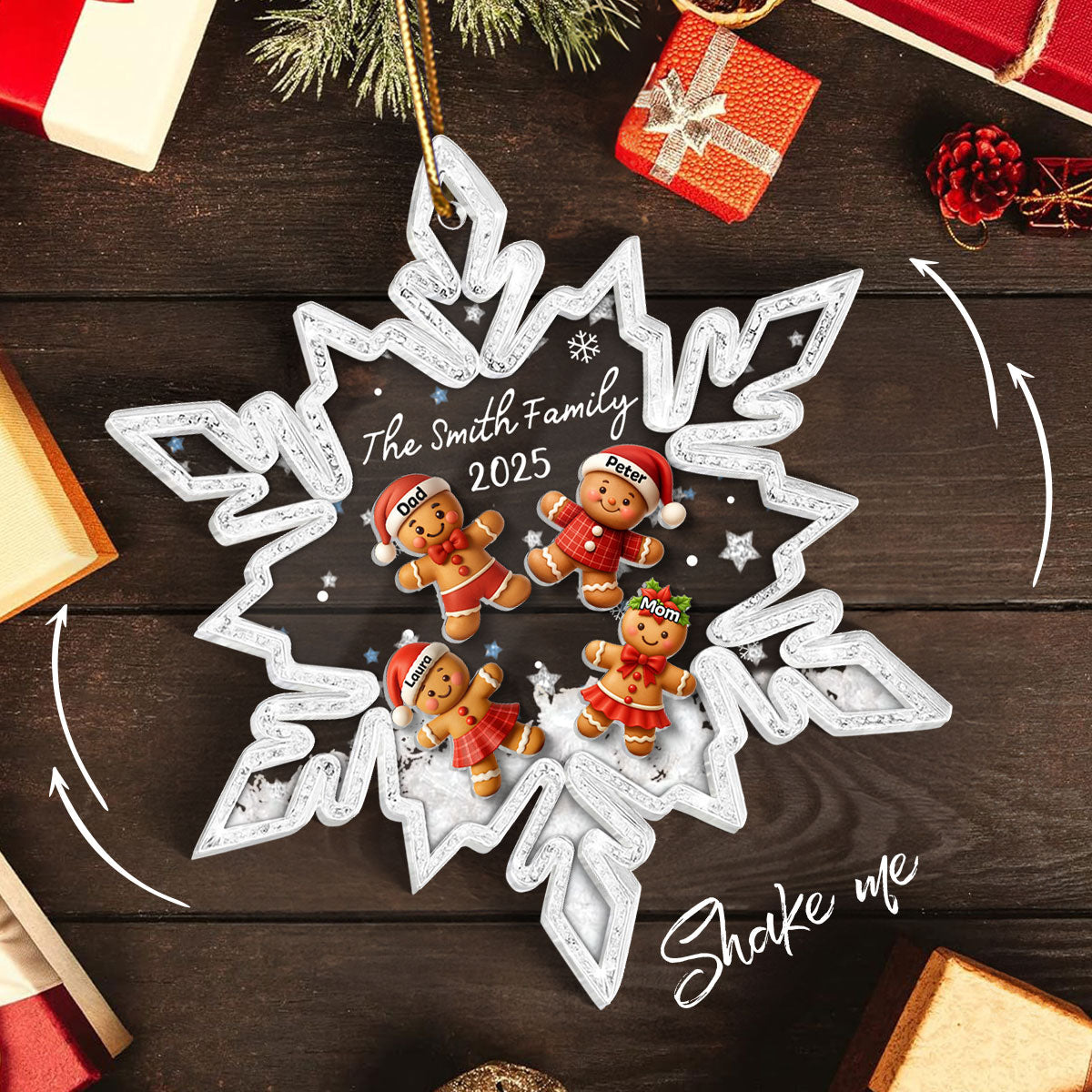 Snowflake Gingerbread Family - Personalized Shaker Ornament - Christmas Gift for Family