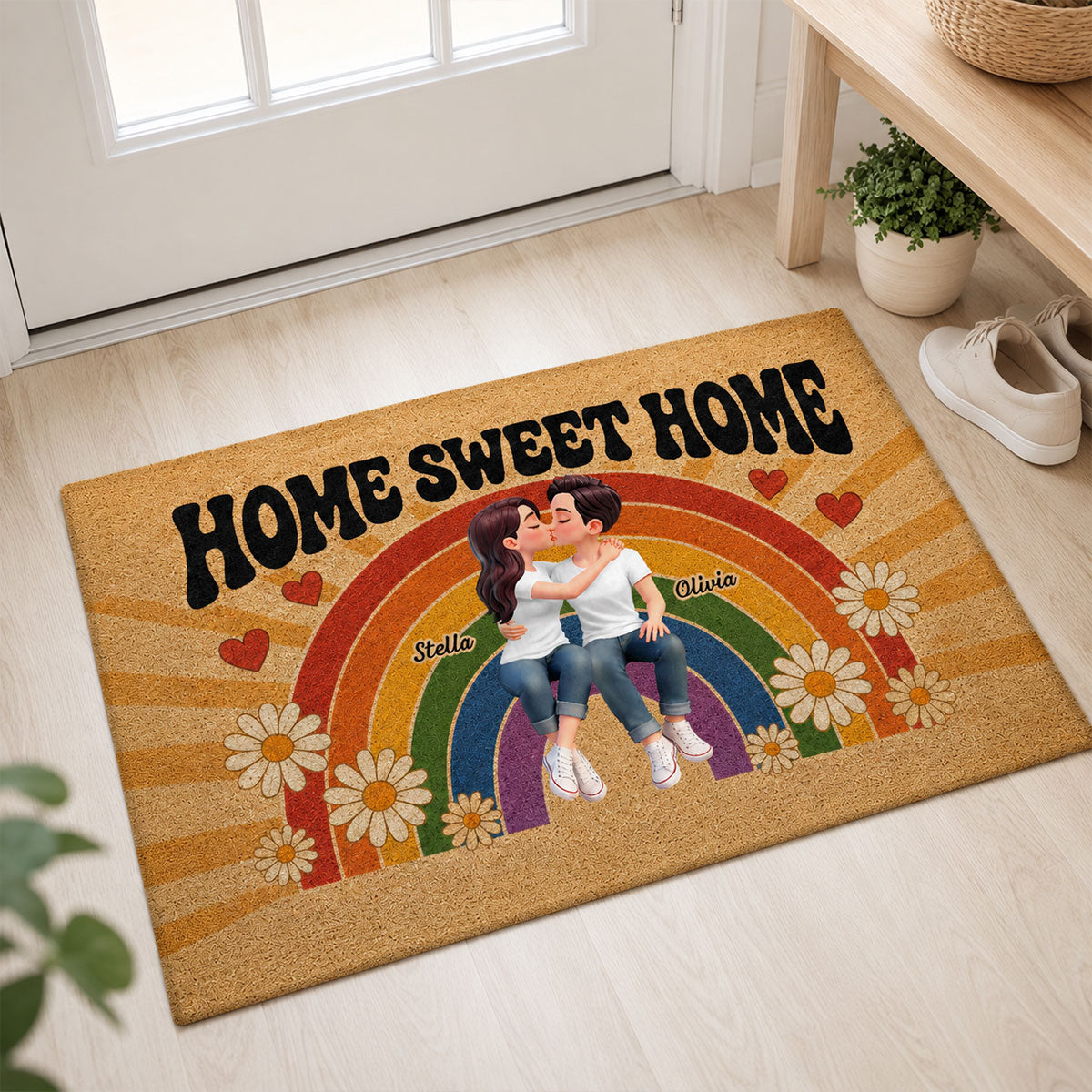 LGBT+ Rainbow Couple Home Sweet Home - Personalized Doormat - Gift For Couple, Happy Pride Month