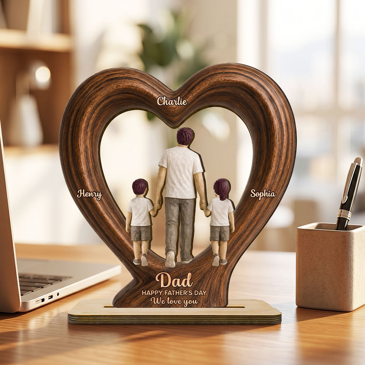Sentimental Rustic Dad And Kids Walking In Heart 2D Flat - Personalized 2-Layered Wooden Plaque -  Gift For Dad, Husband