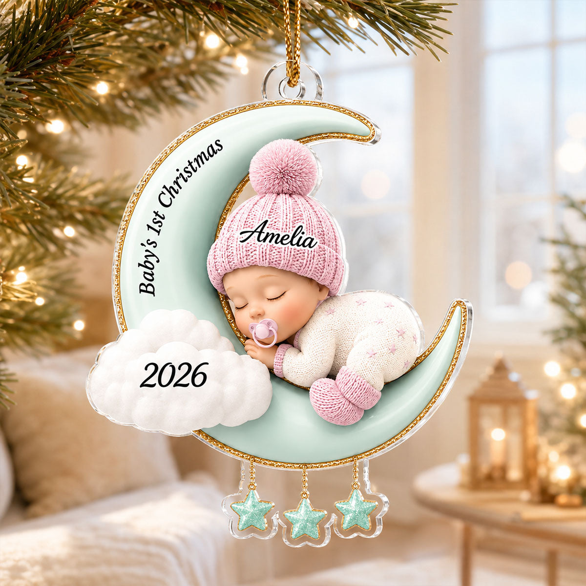 Baby First Christmas On The Moon - Personalized Acrylic Ornament - Baby Boy Girl Gift for Couples, New Parents Keepsake, Gift for Newborn
