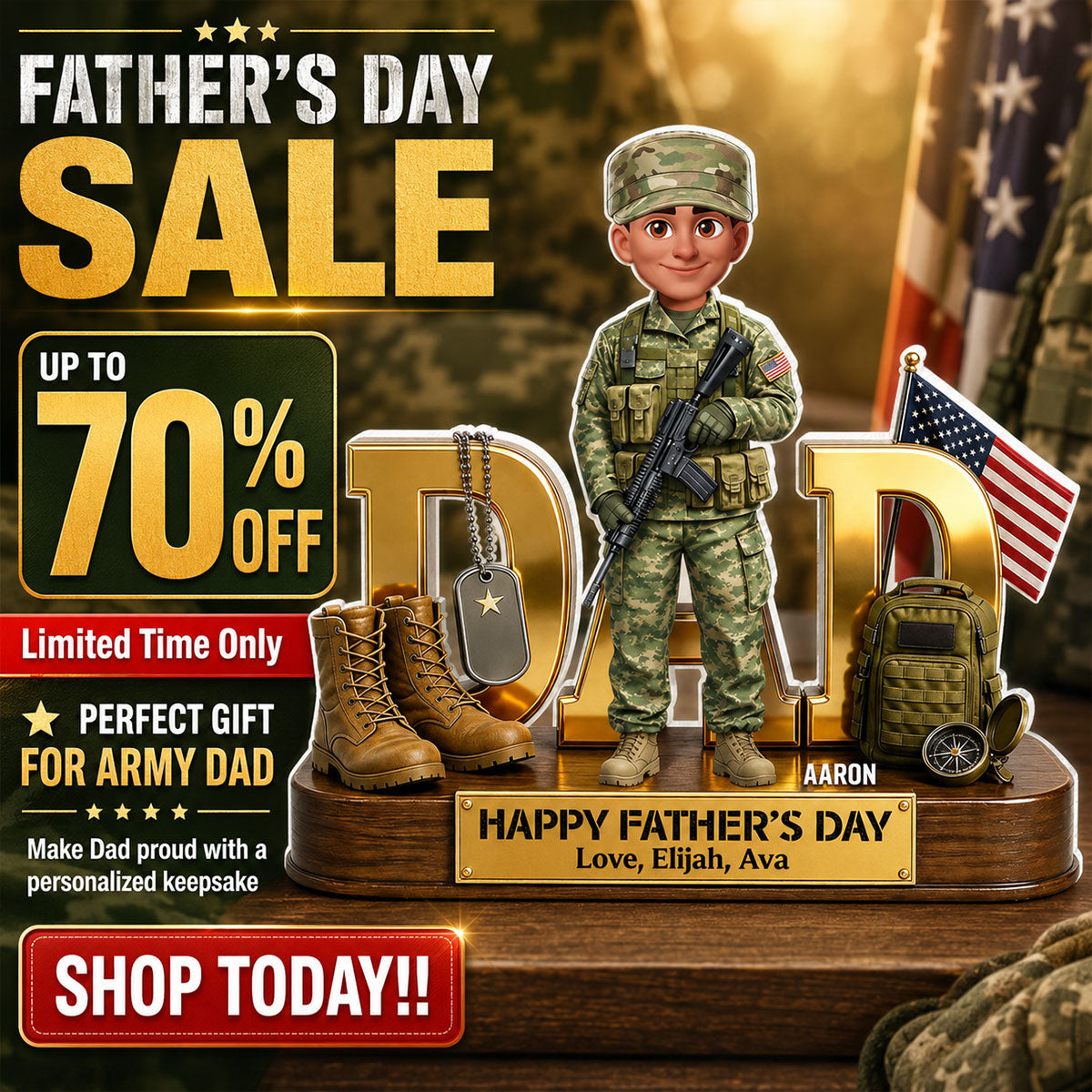 Proud American Military Armed Force Hero Dad 2D Flat - Personalized Acrylic Block Plaque -  Gift For Dad