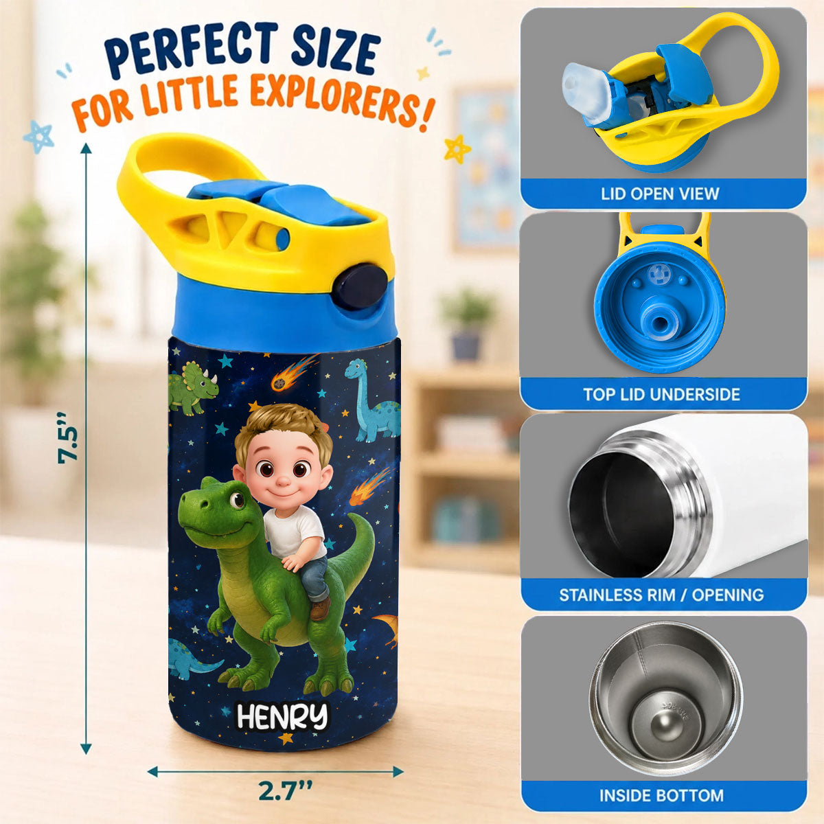 Dinosaur Adventure for Boys Girls - Personalized Kid Water Bottle - Back to School Gift for Kids