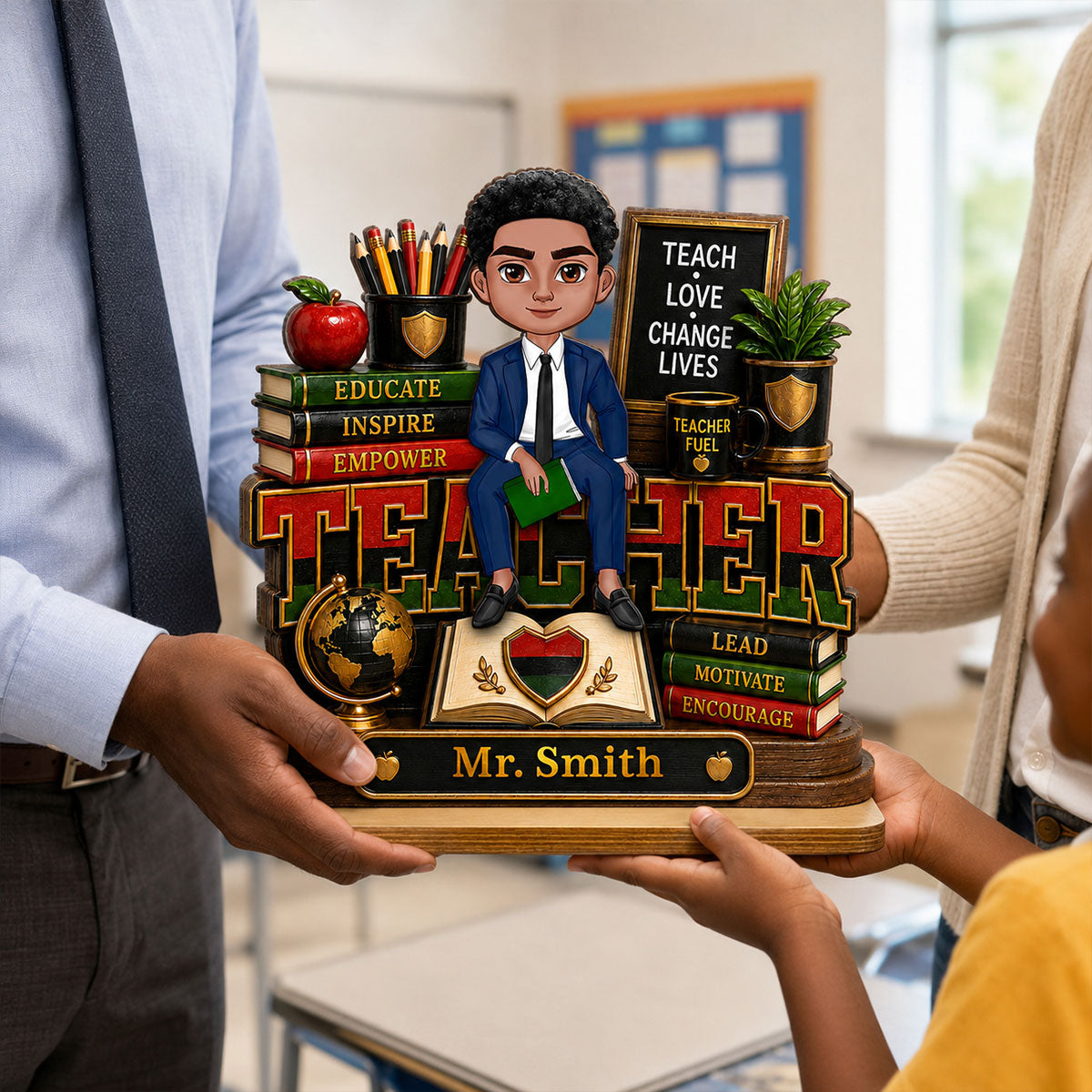 Teach Love Changes Life - Personalized 2-Layered Wooden Plaque - African American Male Teacher Appreciation Gift