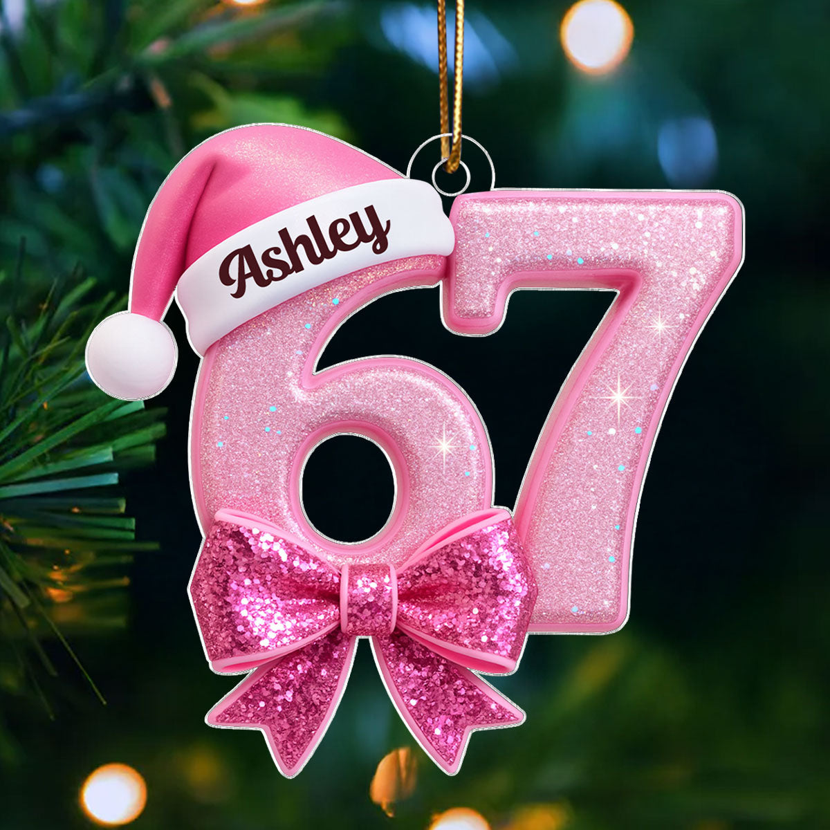 Custom 67 with Pink Croquette Bow - Personalzied Acrylic Ornament - Gift for Kid, Grandkids