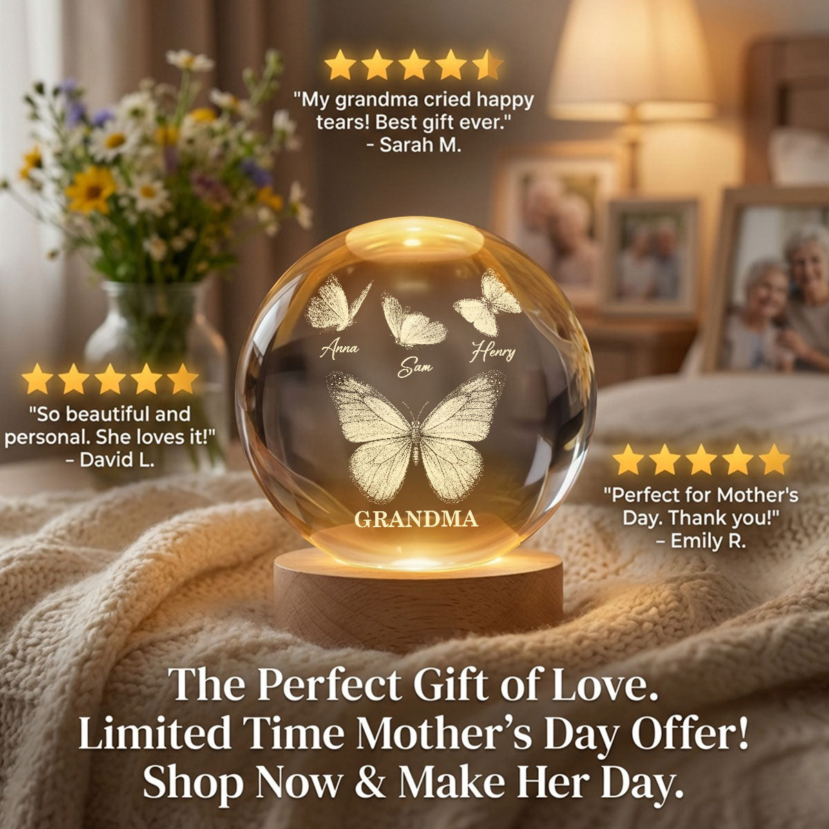 Beautiful Grandma Mom Butterflies Custom Kids Names - Personalized Crystal Ball LED Night Light - Gift For Grandma, Mom
