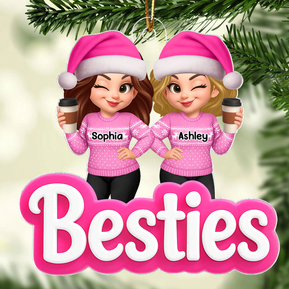 Pink Besties Sisters 3D Effect - Personalized Acrylic Ornament - Christmas Gift for Best Friends, for Sisters