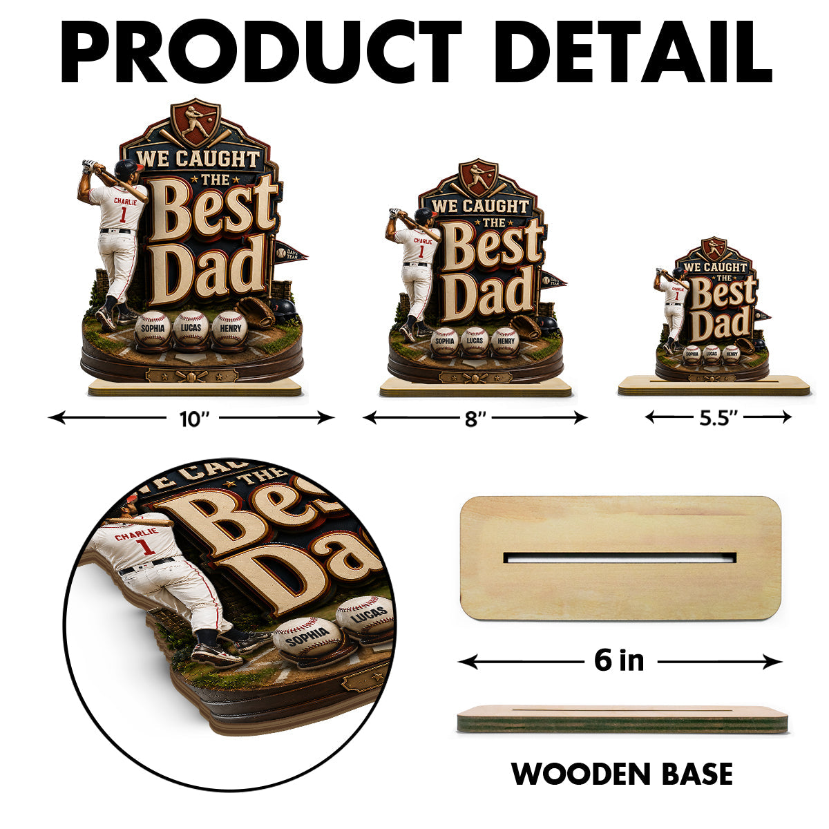 Baseball Dad & Kids We Caught The Best Dad - Personalized 2-Layered Wooden Plaque -  Gift For Baseball Dad, Husband