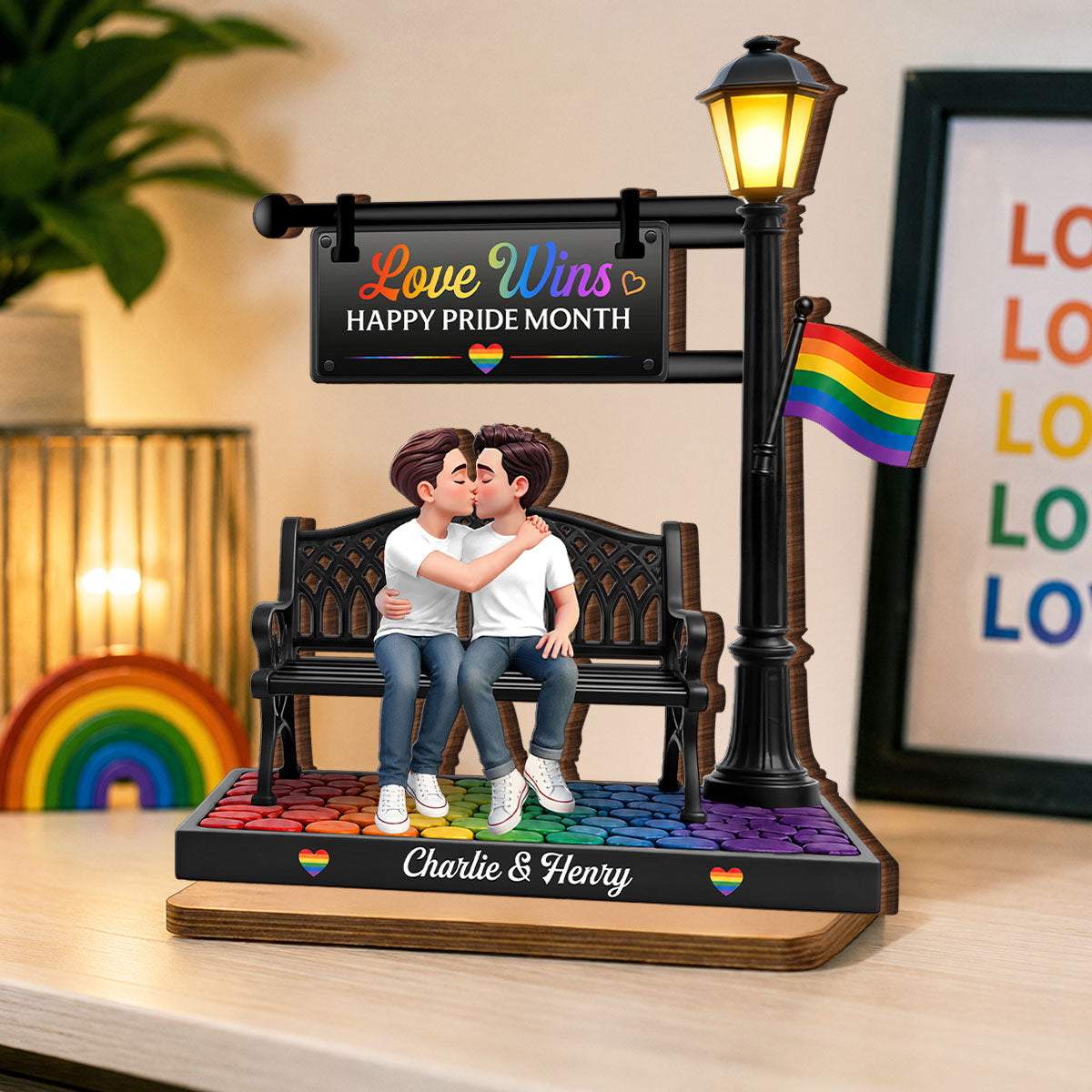 LGBT+ Couple Sitting On Bench Under Lamp Post - Personalized 2-Layered Wooden Plaque - Gift For Couple, Happy Pride Month