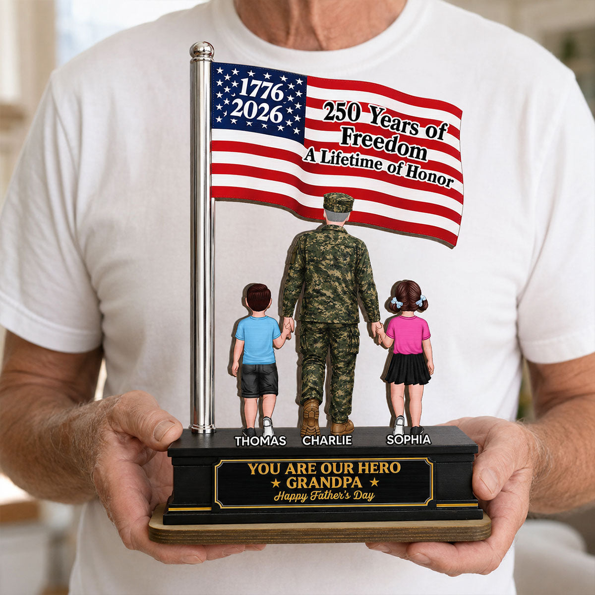 Proud American Military Veteran Grandpa Dad America 250th Anniversary - Personalized 2-Layered Wooden Plaque -  Gift For Dad, Grandpa Husband