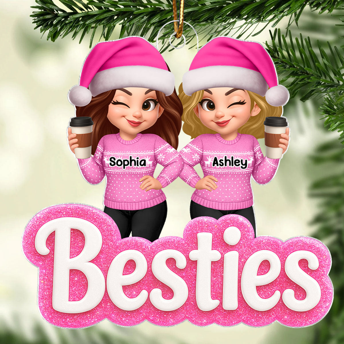 Pink Besties Sisters 3D Glitter Effect - Personalized Acrylic Ornament - Christmas Gift for Best Friends, for Sisters