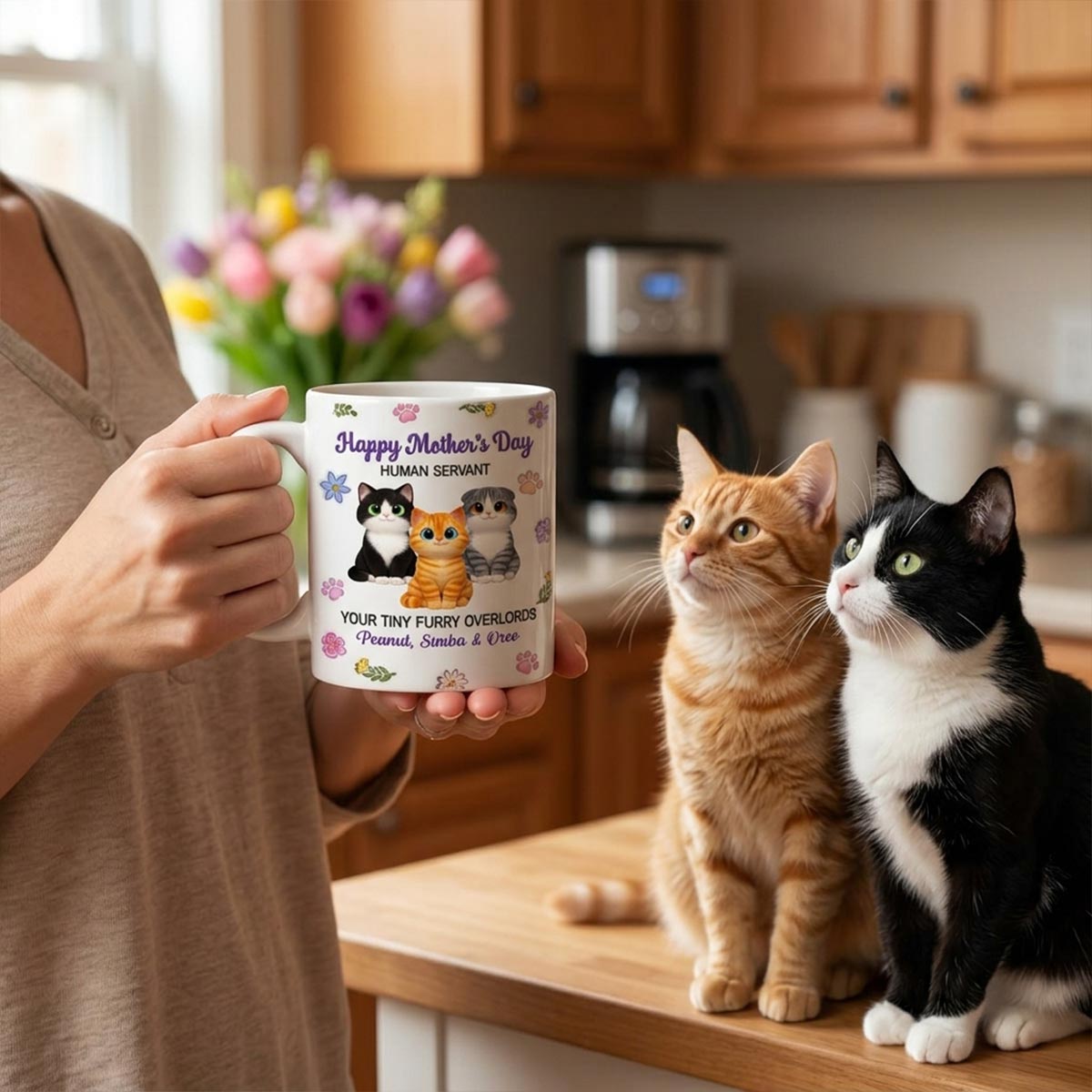 Adorable Cats Happy Mother's Day Human Servant 2D Flat Floral - Personalized Mug - Funny Mother's Day Gift For Cat Mom, Cat Lovers