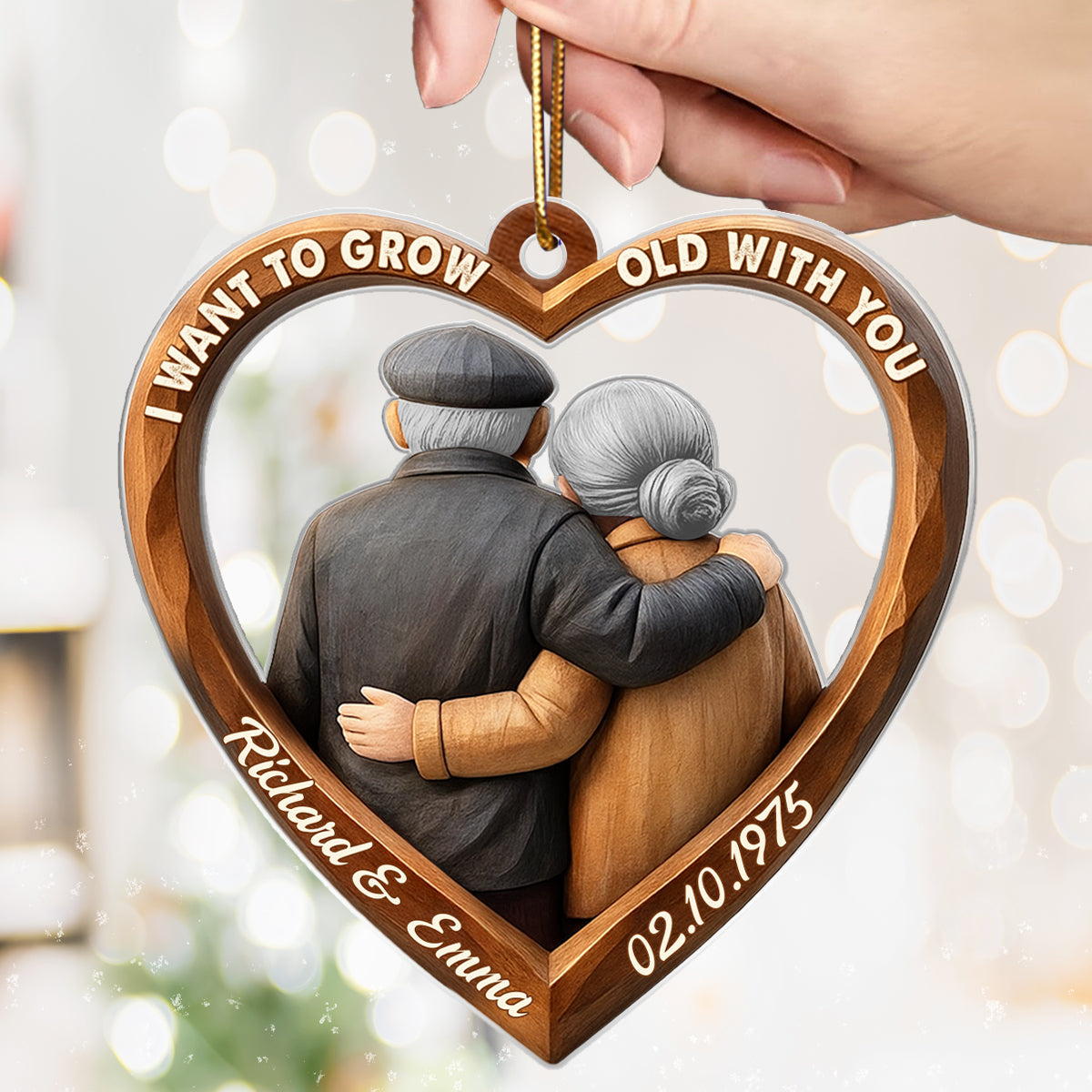 3D Effect Wooden Couple Growing Old Together - Personalized Acrylic Ornament - Christmas Gift for Couples