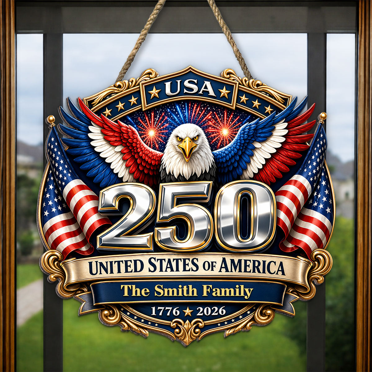 250th Anniversary America Patriotic Eagle - Personalized Wooden Sign - 250 Years of Freedom, Family Decoration