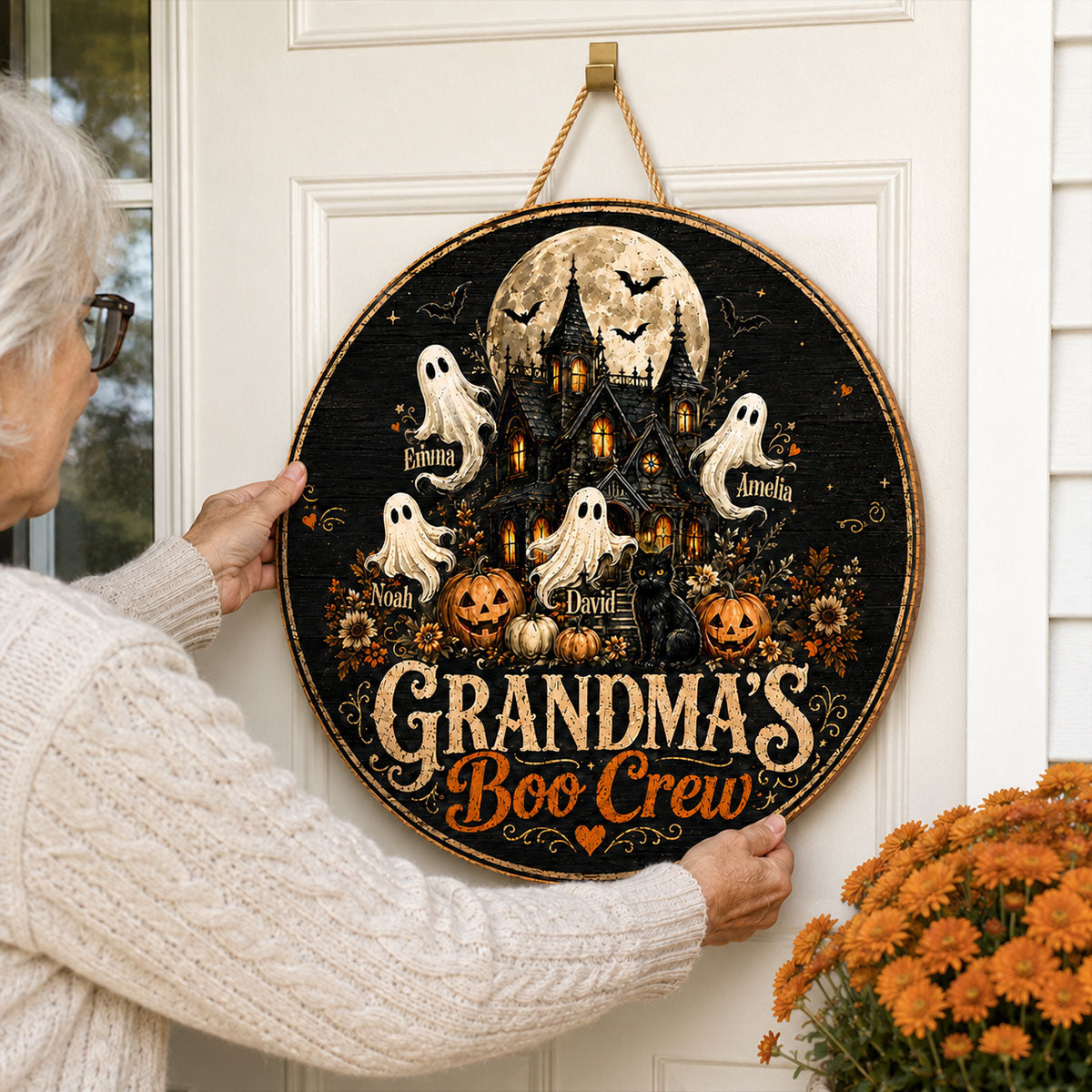 Grandma's Boo Crew Halloween Haunted House - Personalized Wooden Door Sign - Halloween Decor for Grandma