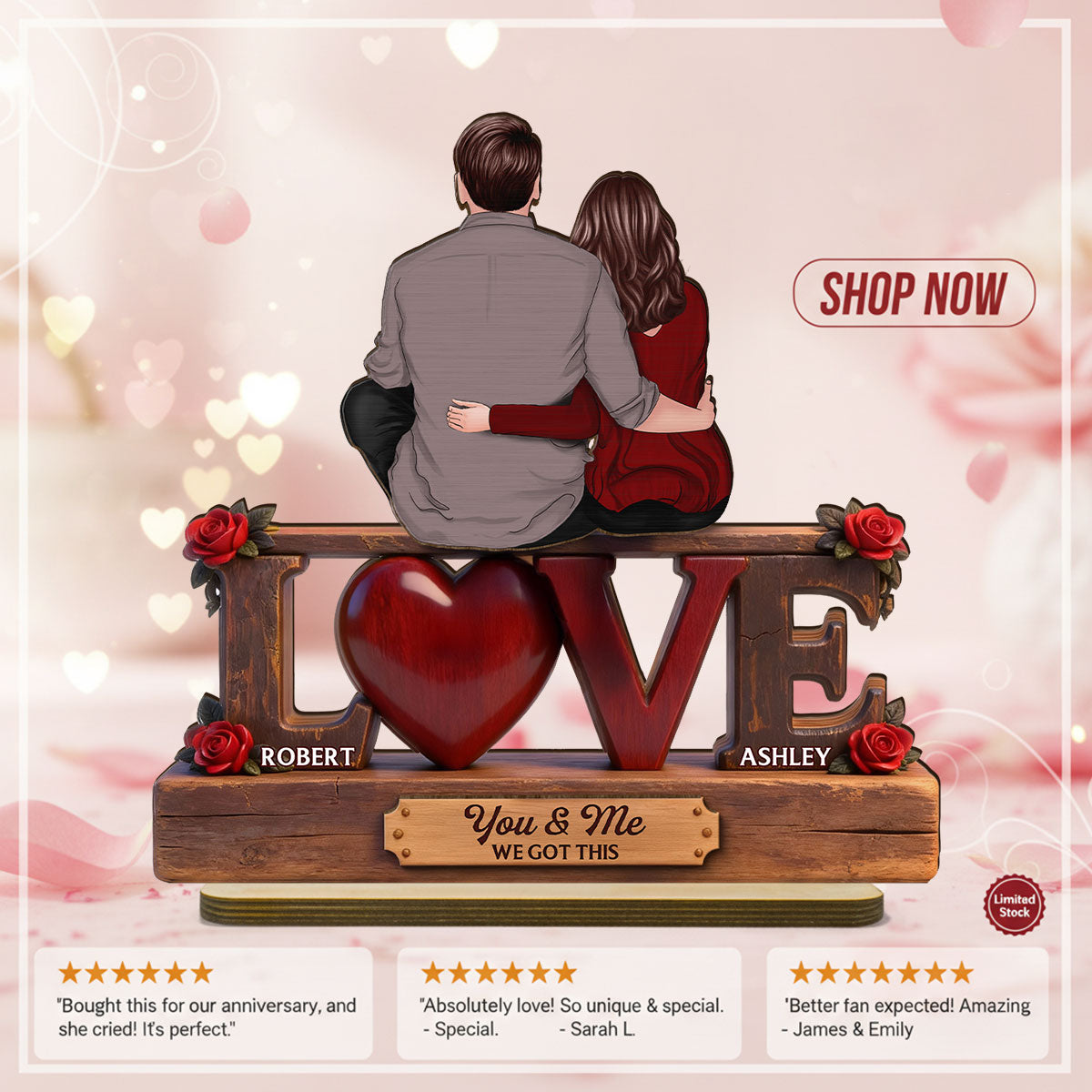 Roses LOVE Back View Couple Sitting Embracing - Personalized 2-Layered Wooden Plaque - Valentine's Day Gift For Couple, For Him, For Her