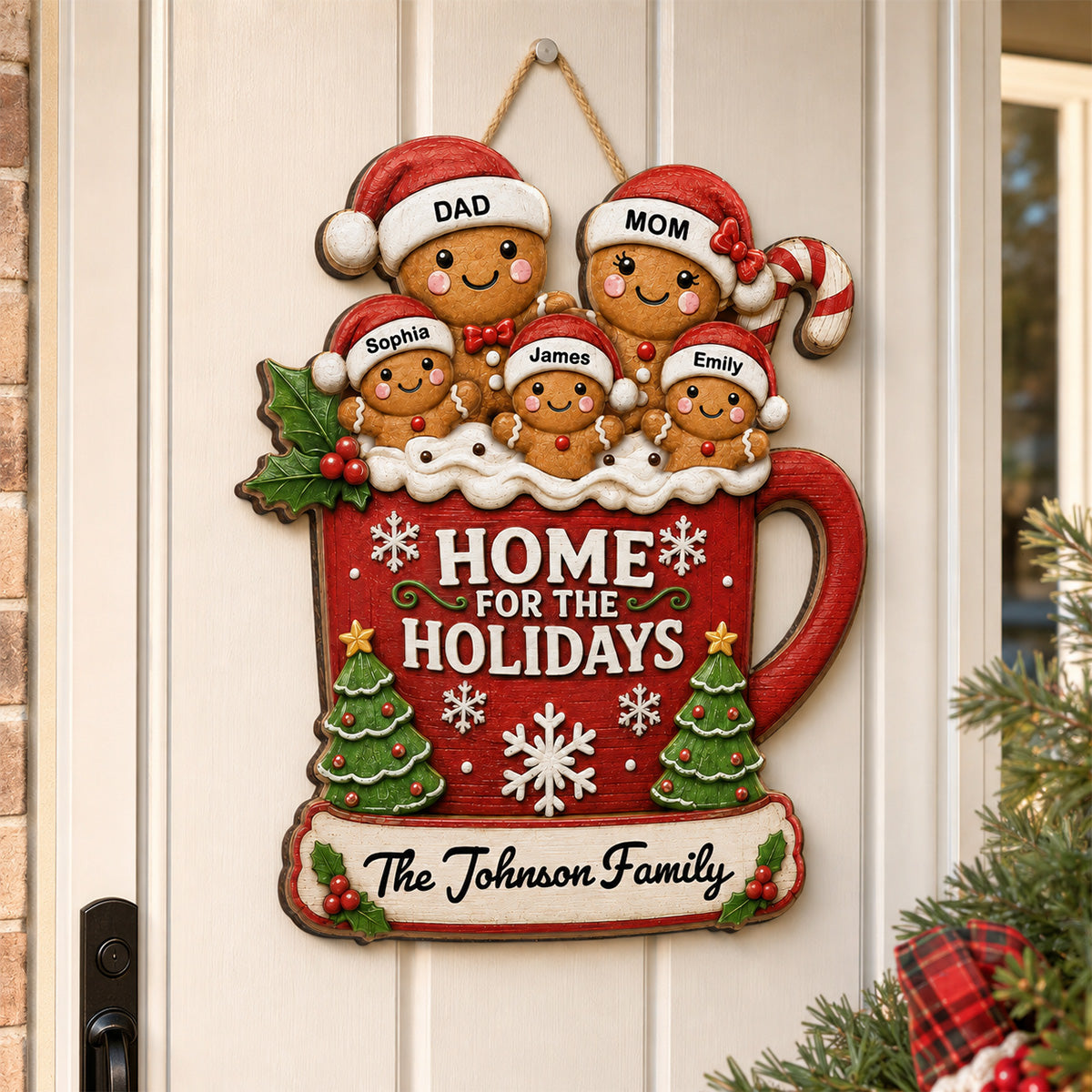 Gingerbread Family In Hot Cocoa 2D Flat - Personalized Wood Sign - Christmas Decor For Family