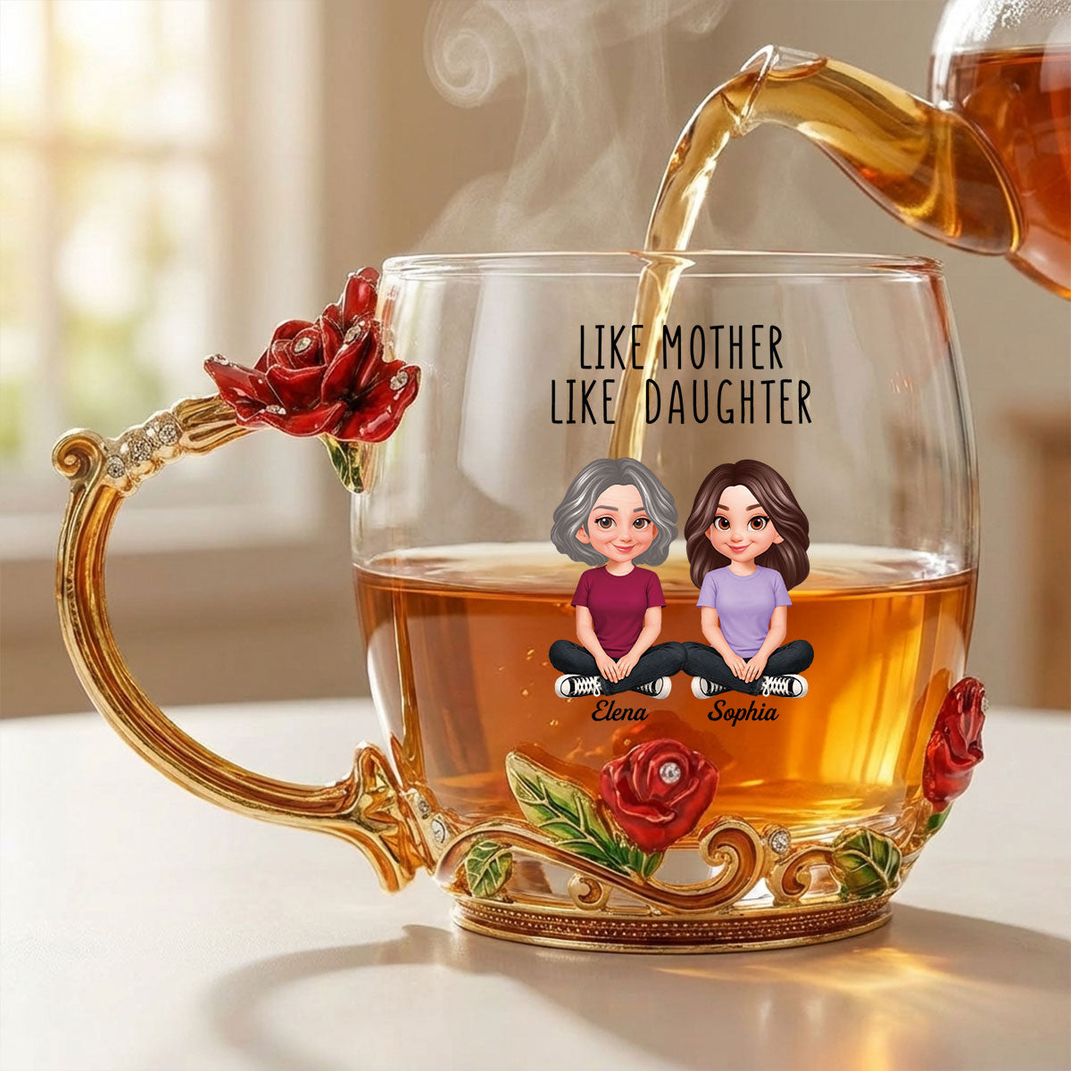 Like Mother Like Daughter Son - Personalized Enamel Flower Tea Cup - Gift For Mom