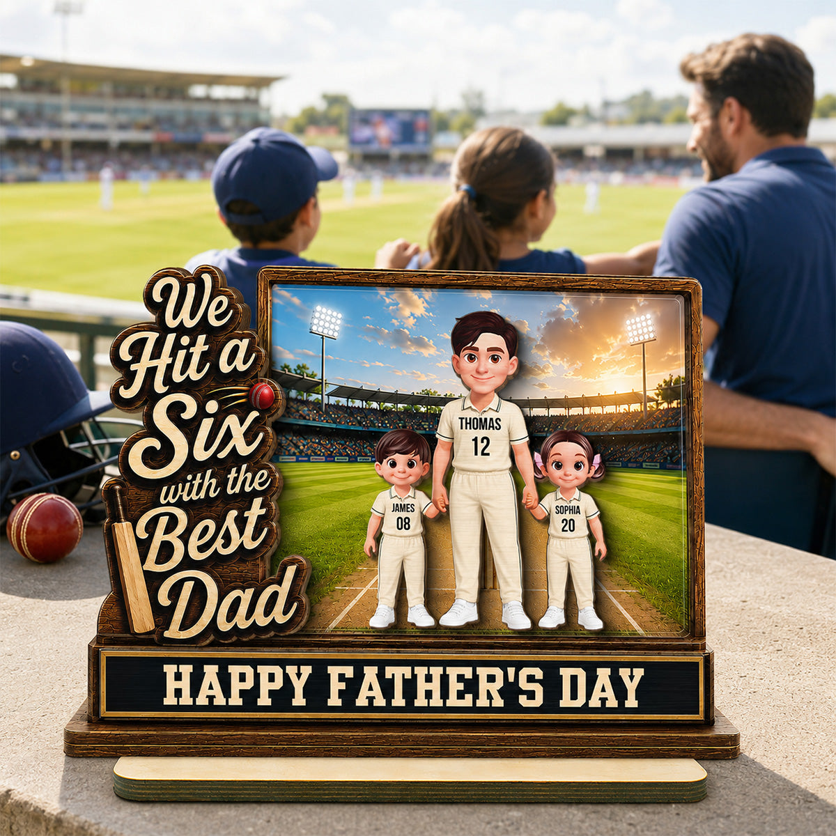 Hit A Six With The Best Dad Cricket Dad & Kids On Field 2D Flat - Personalised 2-Layered Wooden Plaque -  Gift For Husband, Dad