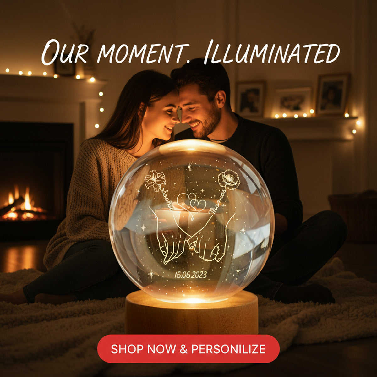 Eternal Love Couple Holding Hands Custom Birth Month Flowers - Personalized Crystal Ball LED Night Light - Valentine's Day Gift For Couple