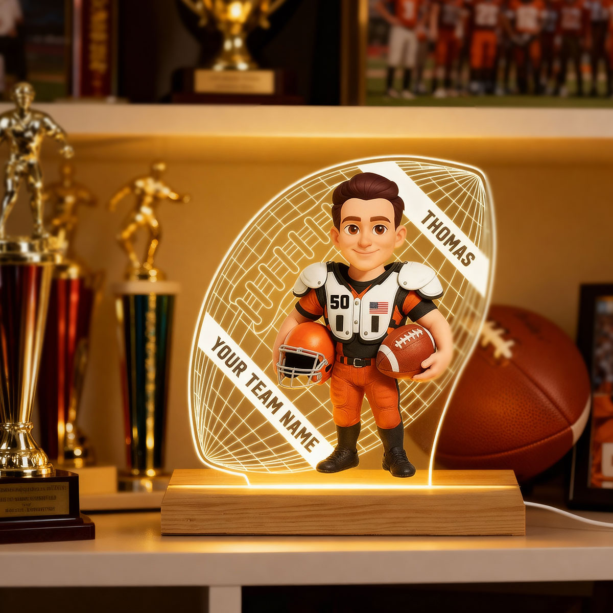 American Football 3D Illusion With Name - Personalize LED Night Light - Gift For Grandson, Son, American Football Lover