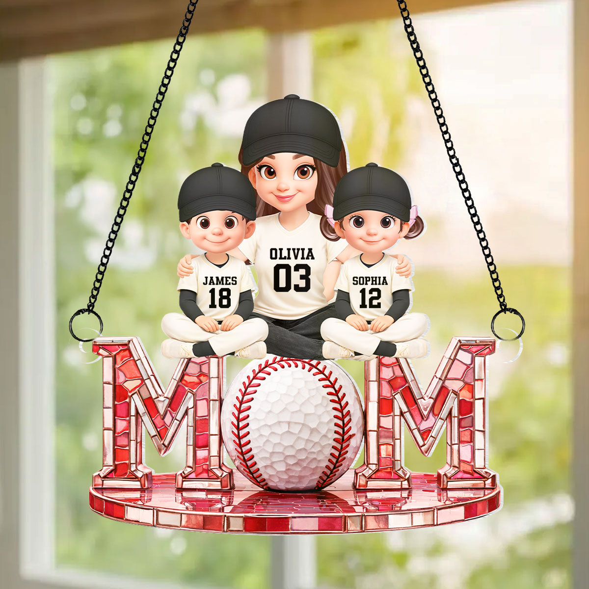 Baseball Mom And Kids Sitting - Personalized Suncatcher - Heartfelt Mother's Day Gift for Mom, Wife