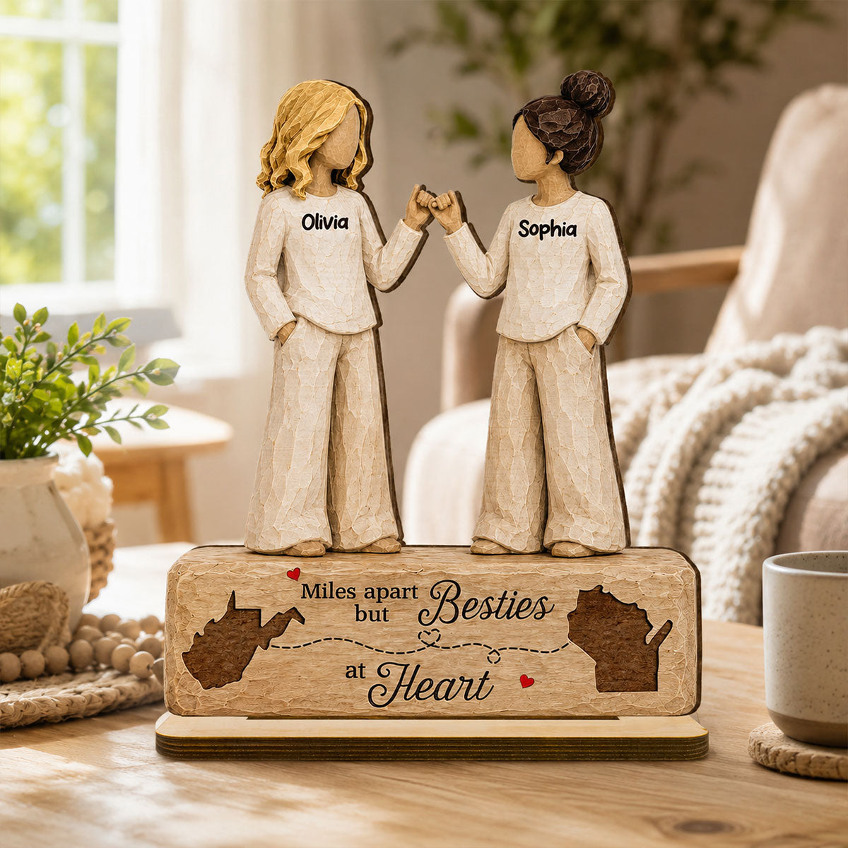 Pinky Promise Miles Apart Besties At Heart 2D Flat - Personalized 2-Layered Wooden Plaque - Birthday Gift, Long Distance Friendship Gift for Best Friends