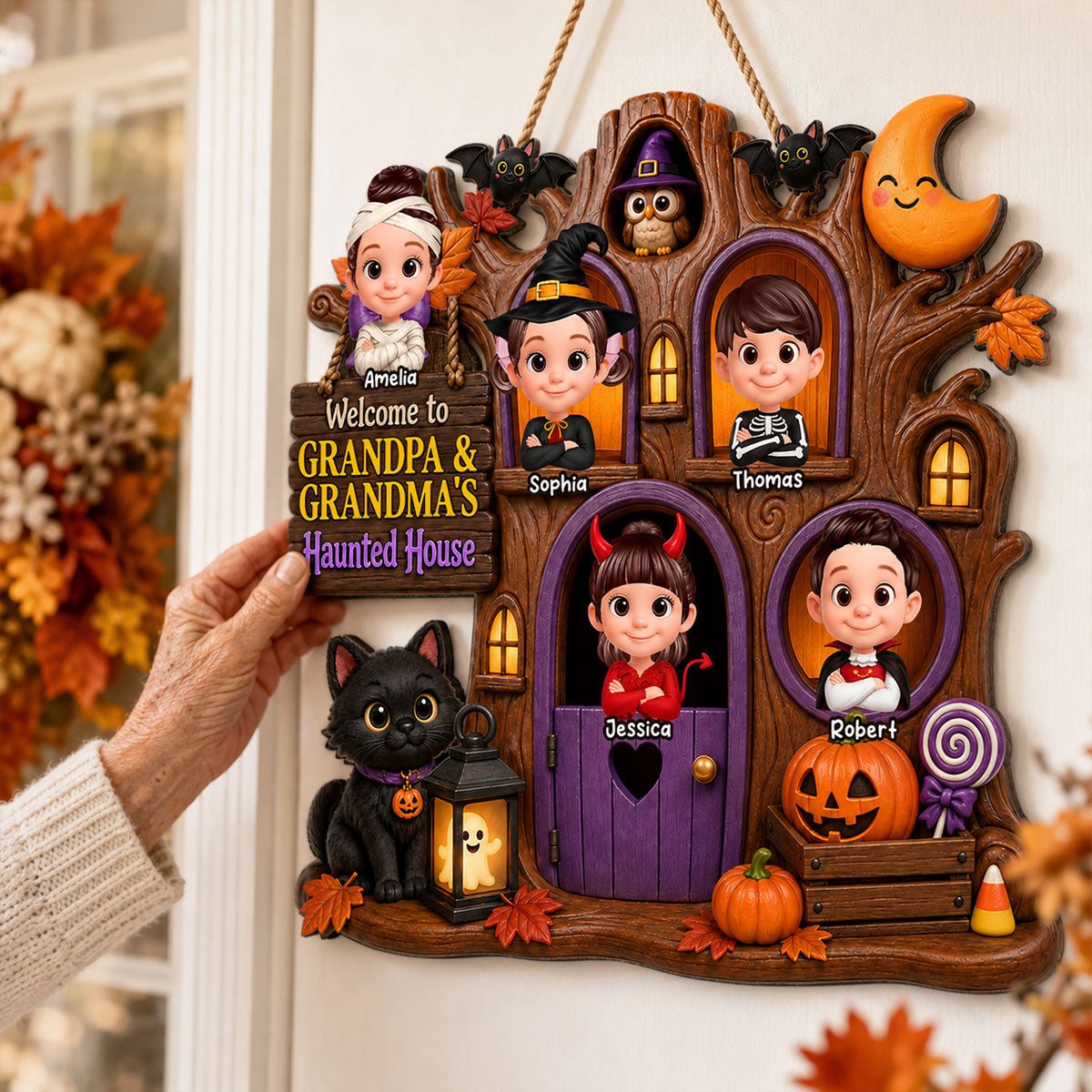 Cute Kids Welcome To Grandma Grandpa Haunted House - Personalized Wood Sign - Halloween Decoration For Grandparents