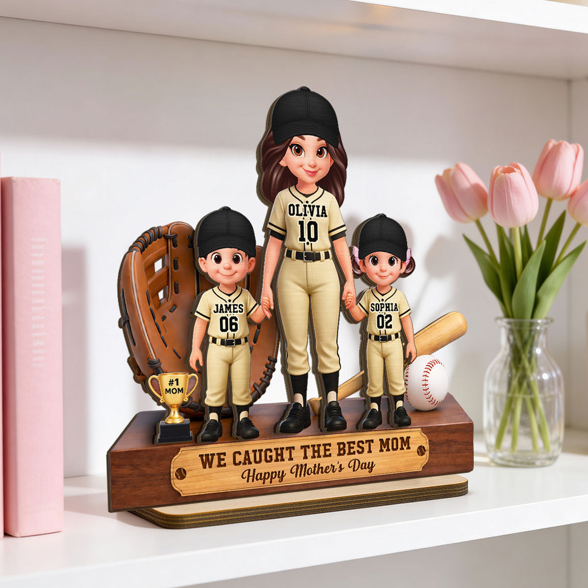 Baseball Mom And Kids We Caught The Best Mom - Personalized 2-Layered Wooden Plaque - Mother's Day Gift For Baseball Mom