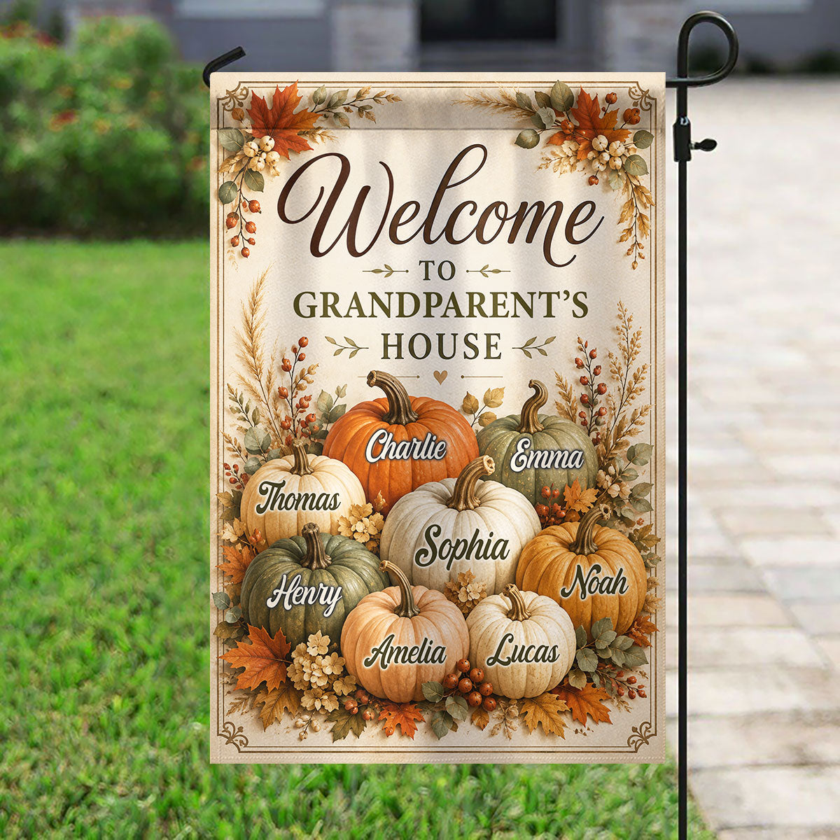 Welcome To Grandparent's House Fall Pumpkin - Personalized Garden Flag - Fall Season Decor Gift, Gift For Grandma, Grandpa