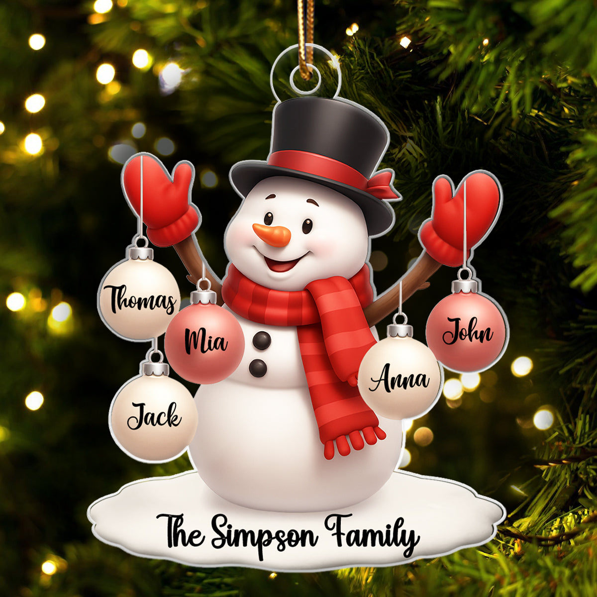 Snowman Family Name Ball Ornaments - Personalized Acrylic Ornament - Christmas Gift for Family