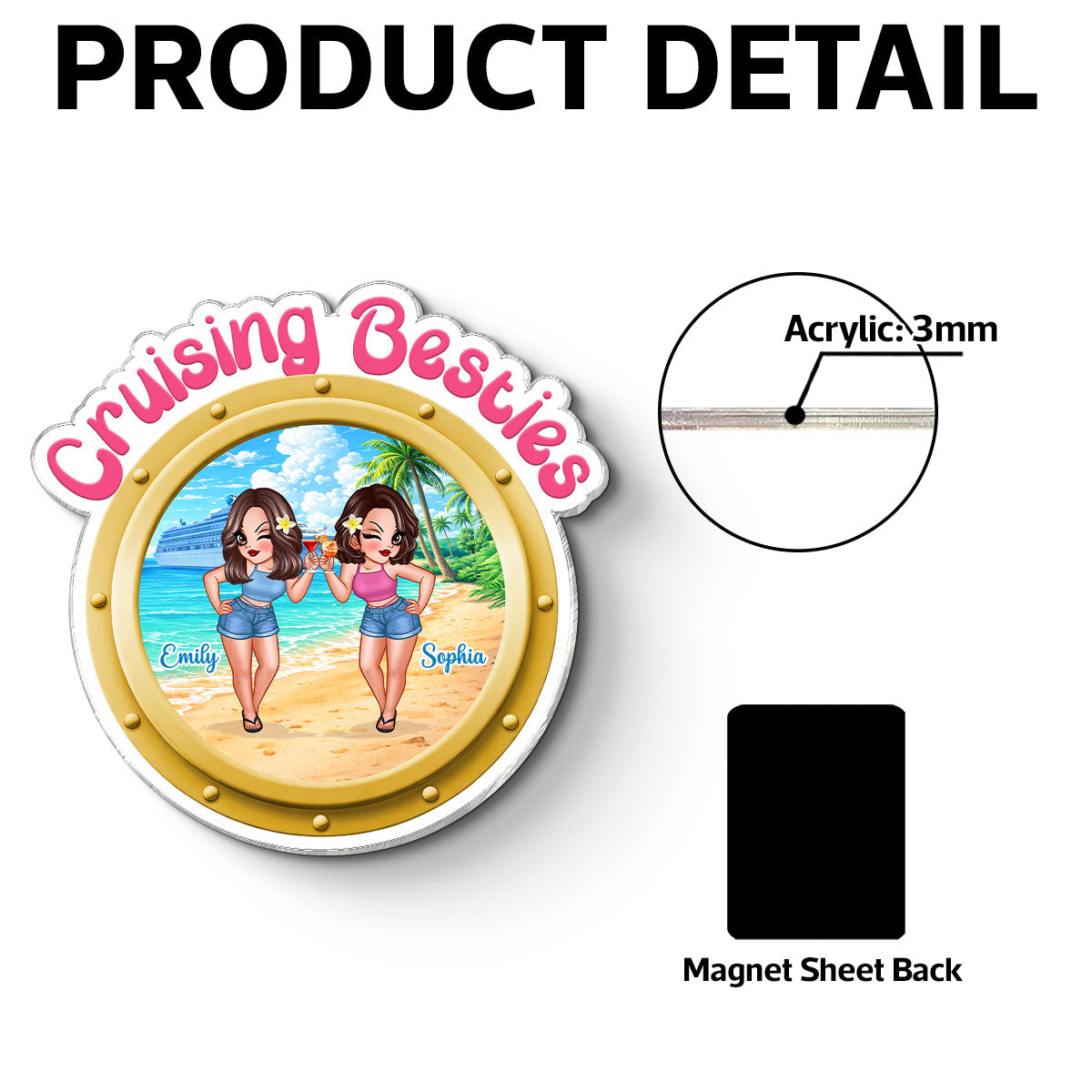 Cruise Besties Pretty Women On Beach Porthole - Personalized Cruise Ship Door Magnet - Girls Cruise Trip Keepsake