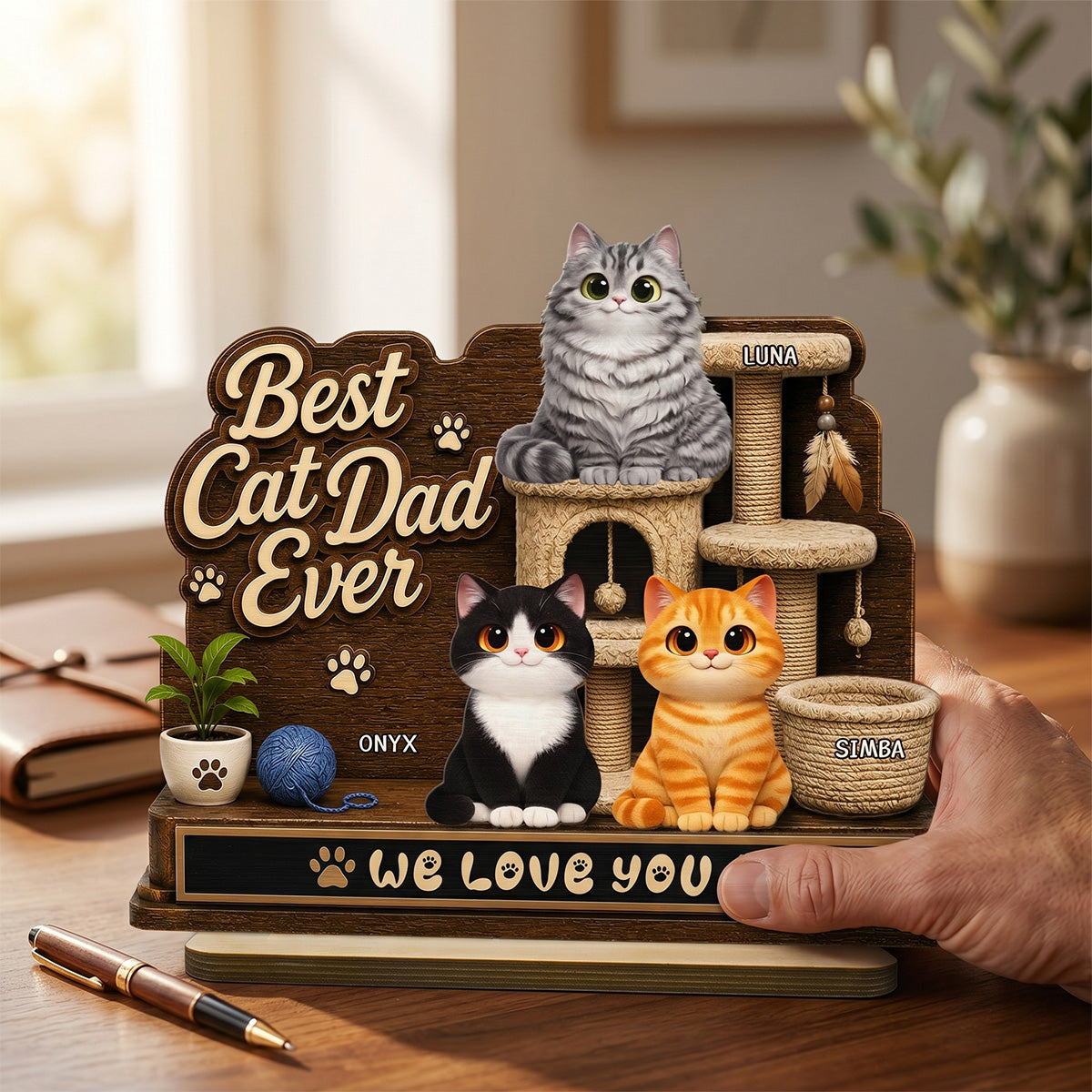 Best Cat Dad Ever Cute Cats On Cat Tree 2D Flat - Personalized 2-Layered Wooden Plaque -  Gift For Cat Dad
