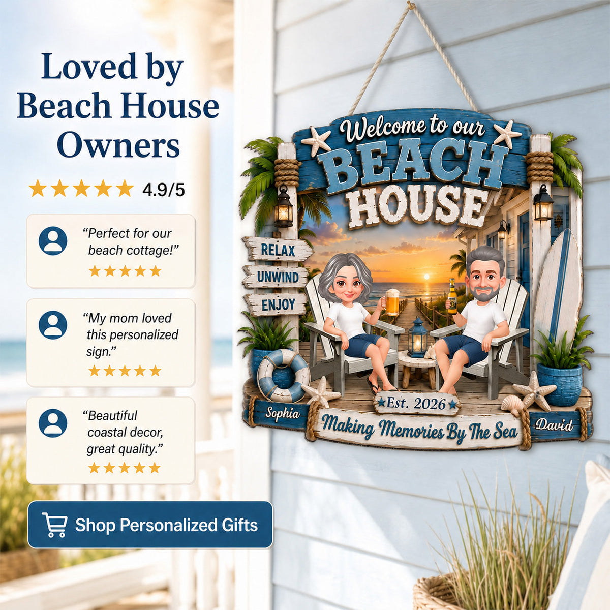 Welcome To Our Beach House - Personalized Wood Sign - Gift For Couple, Summer Decoration